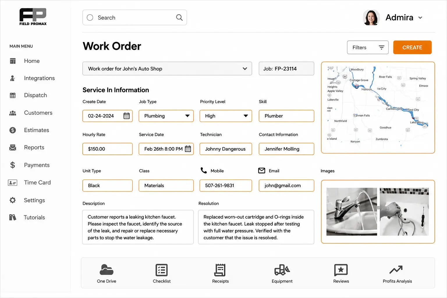 Field Promax work order detail view with customer, job description, line items, and status tracked in one record