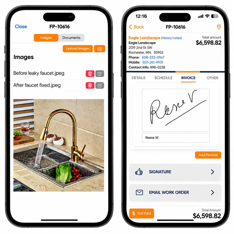 Technician documenting before-and-after photos at a plumbing job site