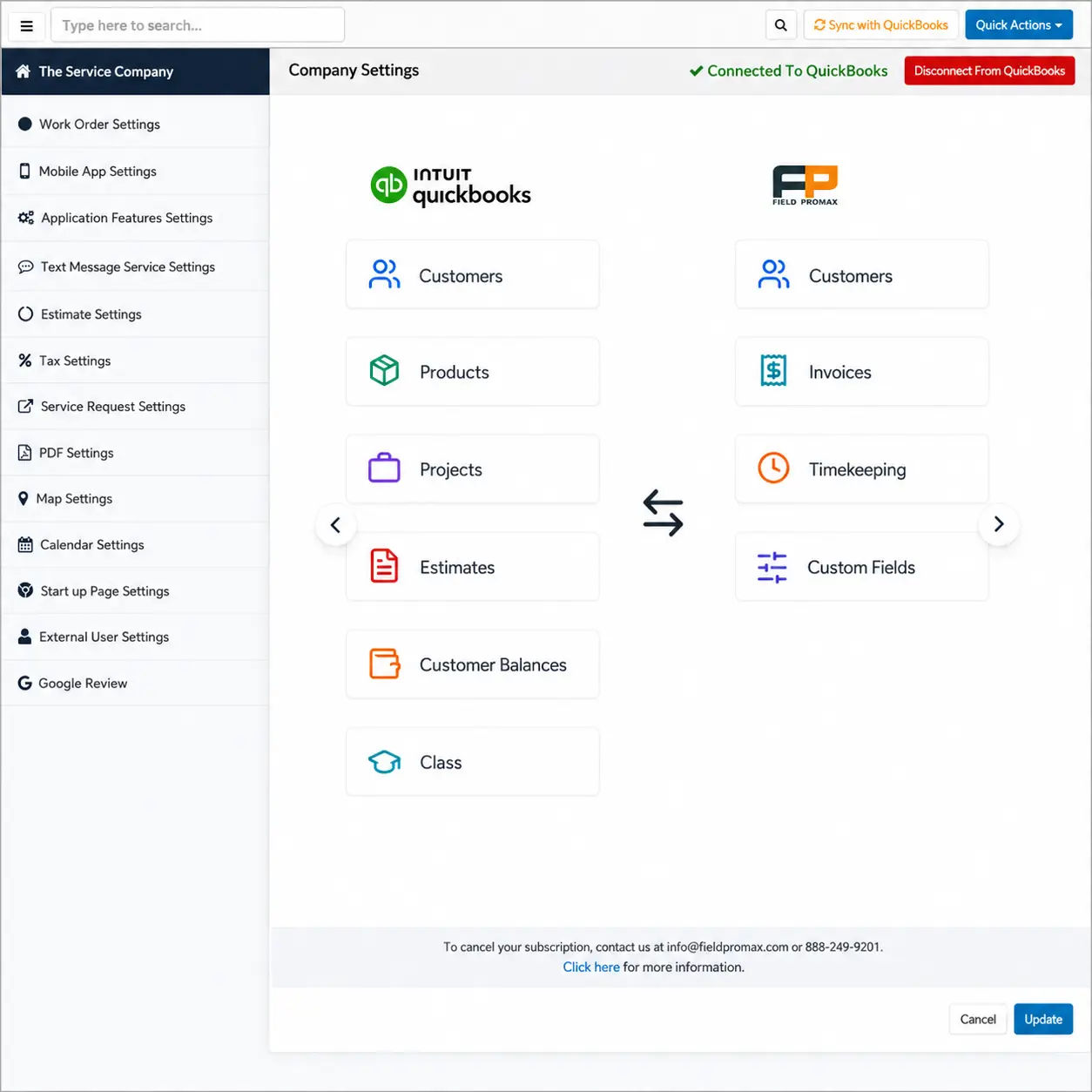 Field Promax integrations hub connecting QuickBooks, payment processors, and field-service tools