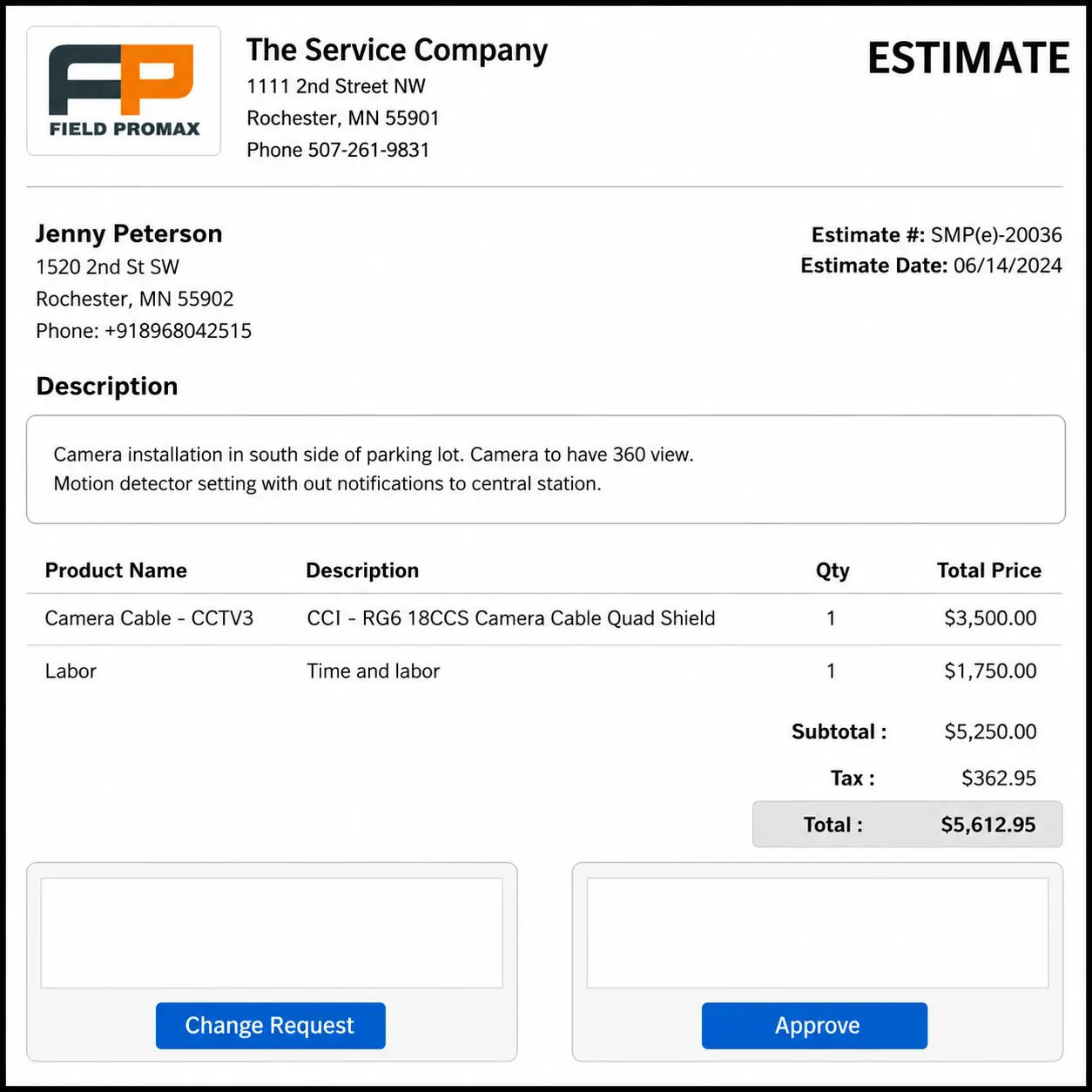 Field Promax estimate detail with line items and approval workflow