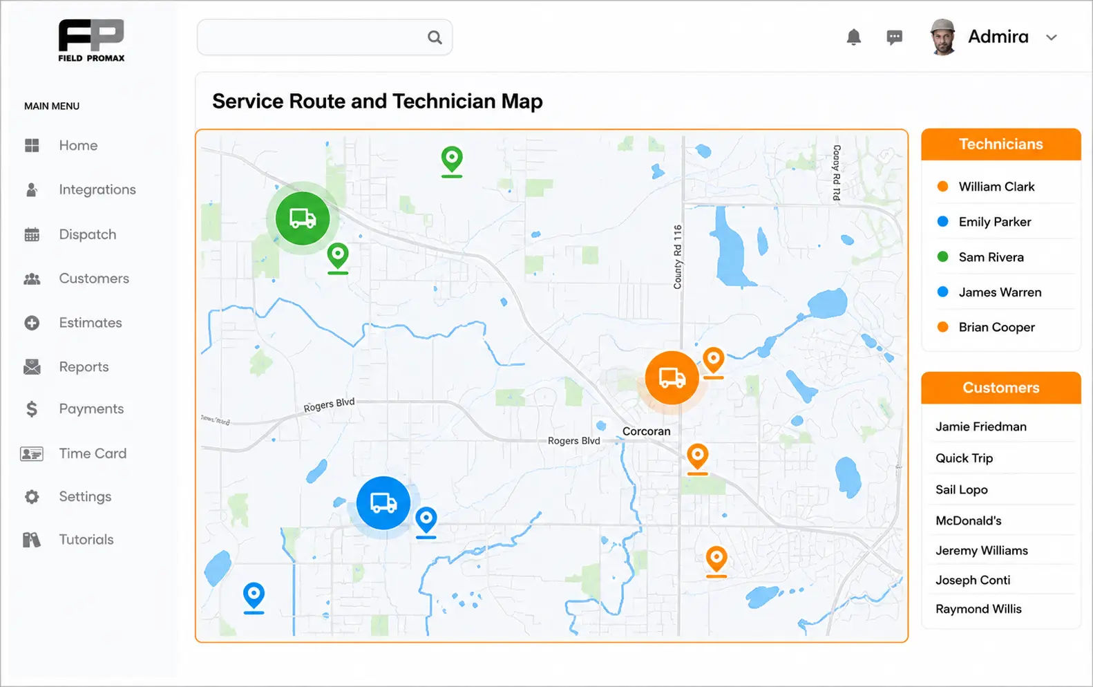 Field Promax GPS tracking live map of techs and trucks