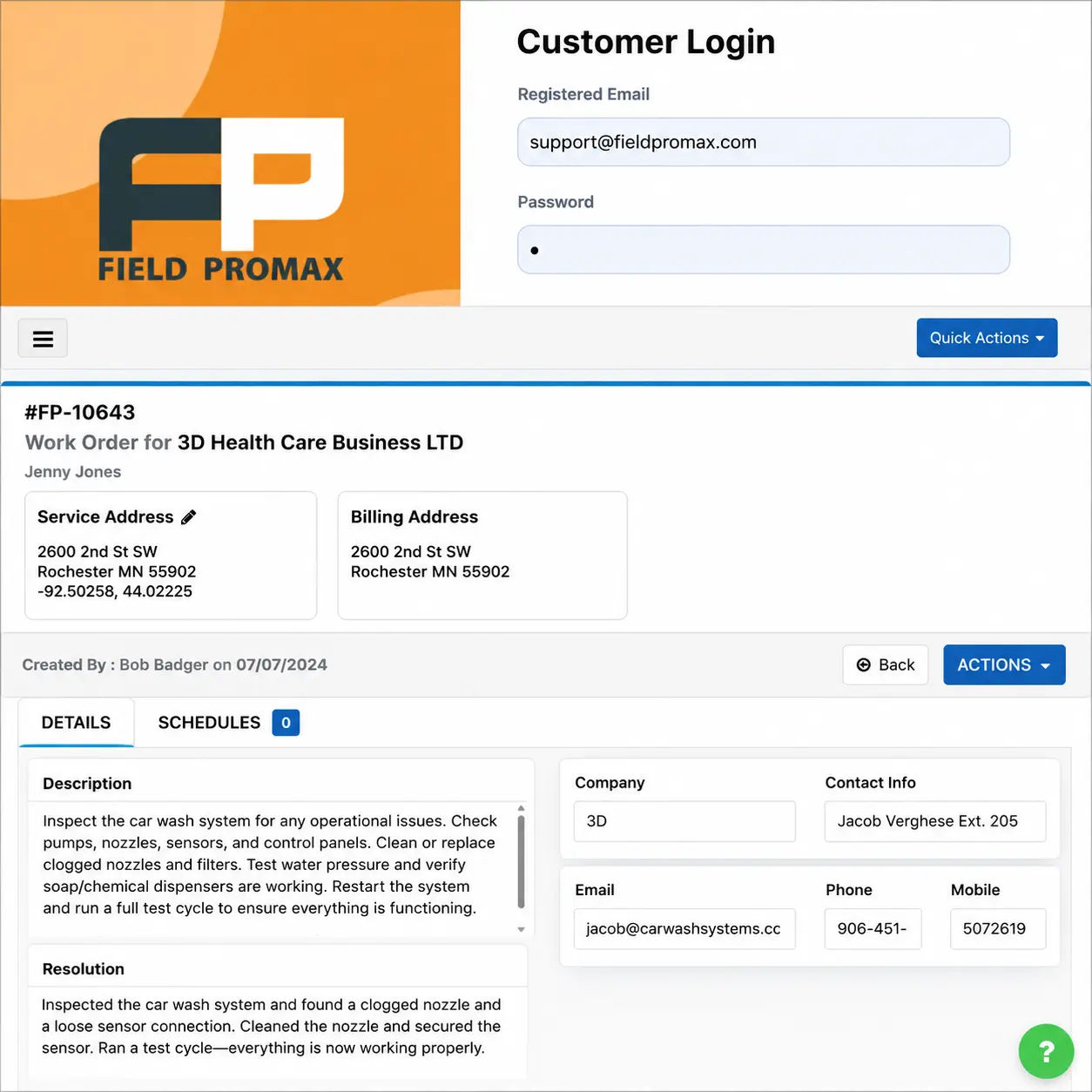 Field Promax customer management screen showing full service history and past work orders in one place