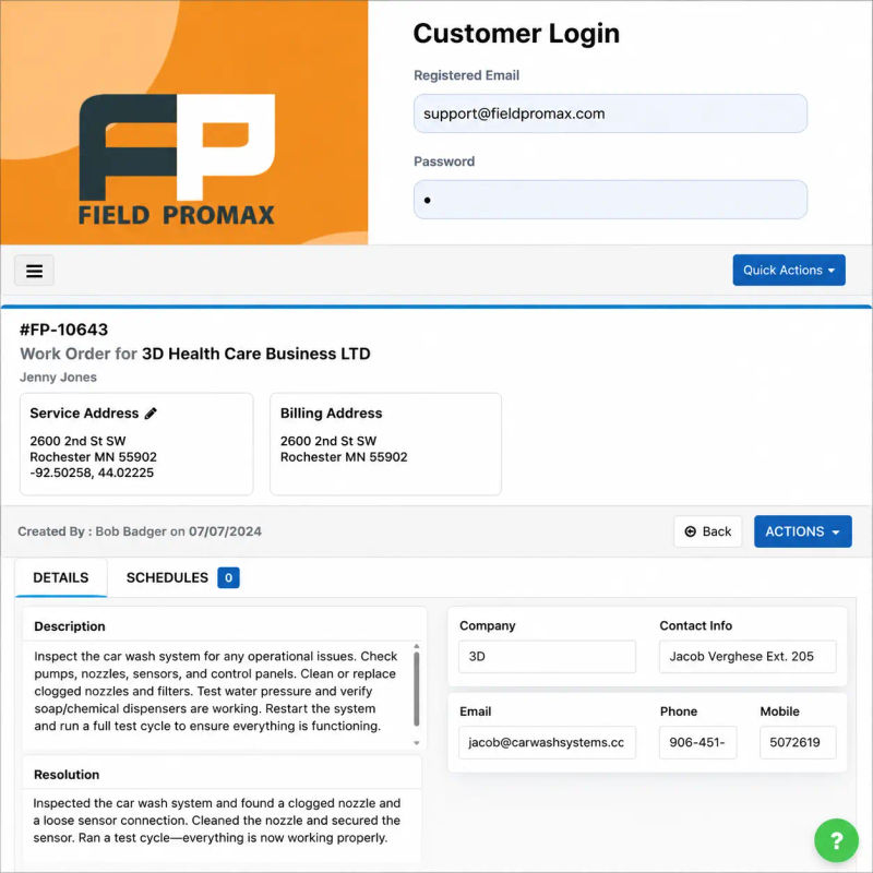 Field Promax customer management screen showing full service history and past work orders in one place