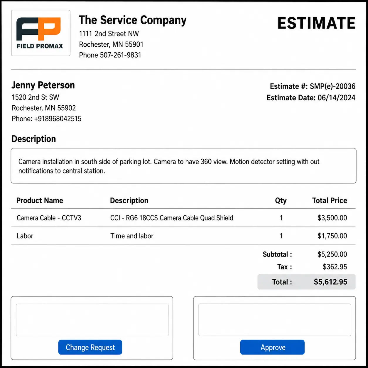 Field Promax estimate detail showing line items and customer approval flow