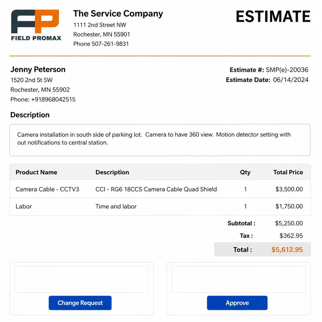 Field Promax estimate detail showing service line items and pricing ready for customer approval from their phone