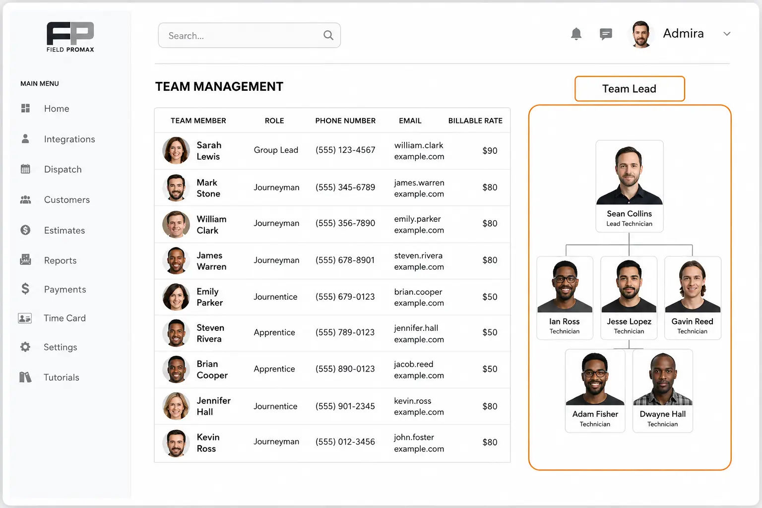 Field Promax timekeeping screen showing tech hours by day and job for payroll