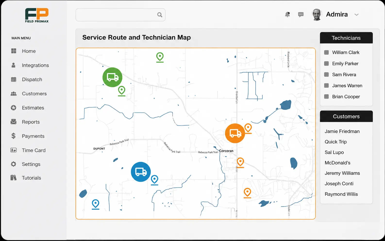Field Promax GPS live map showing where each plumbing tech and truck is right now