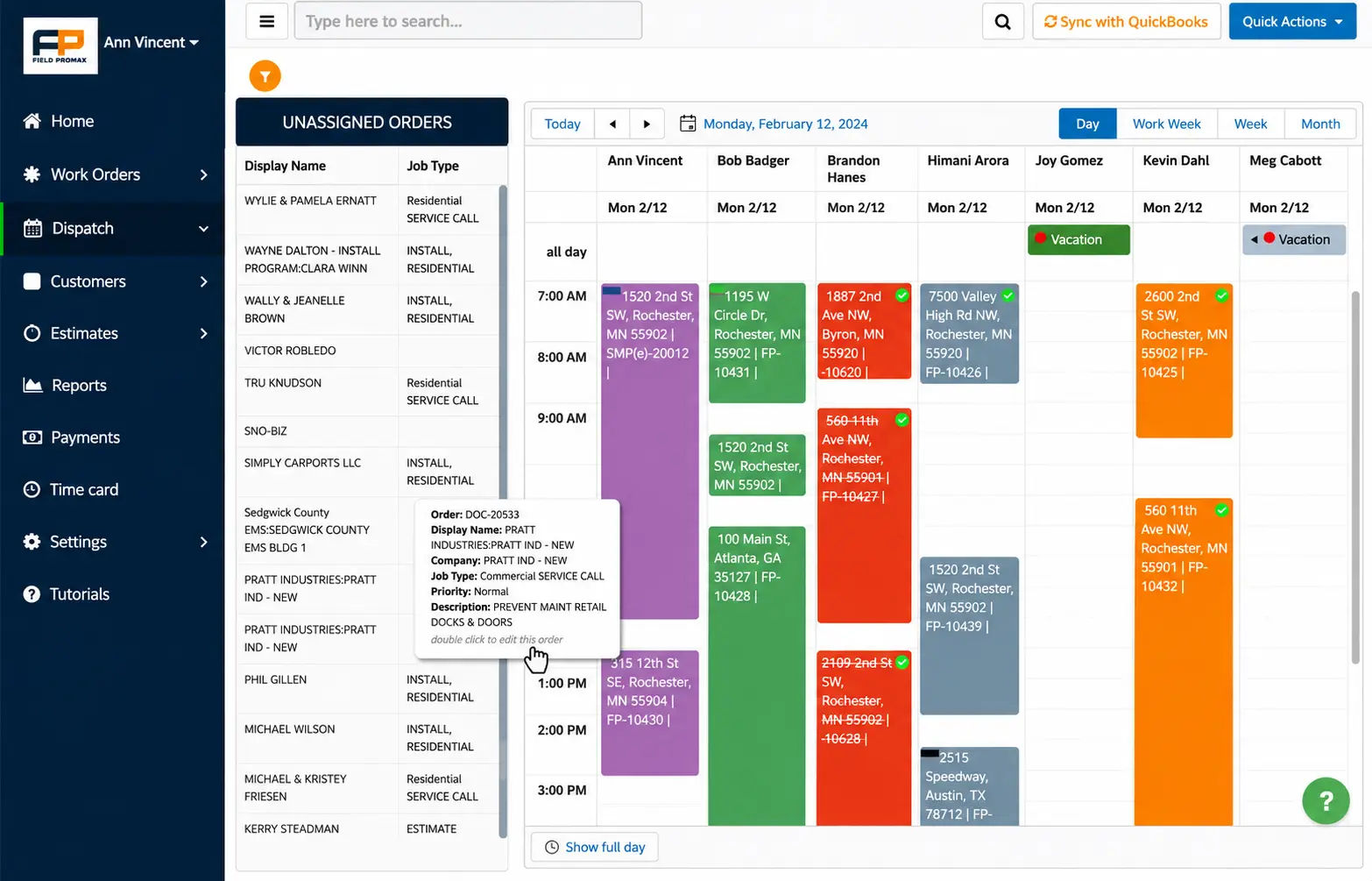 Field Promax dispatch board showing unassigned jobs queued for tech and subcontractor assignment.