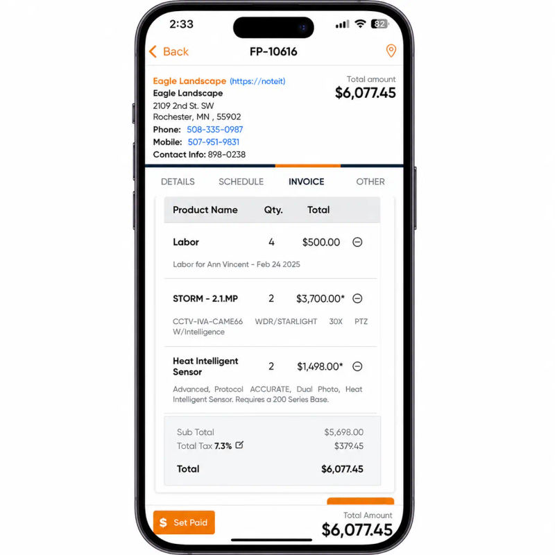 Field Promax mobile invoicing sending an invoice and collecting payment from the truck