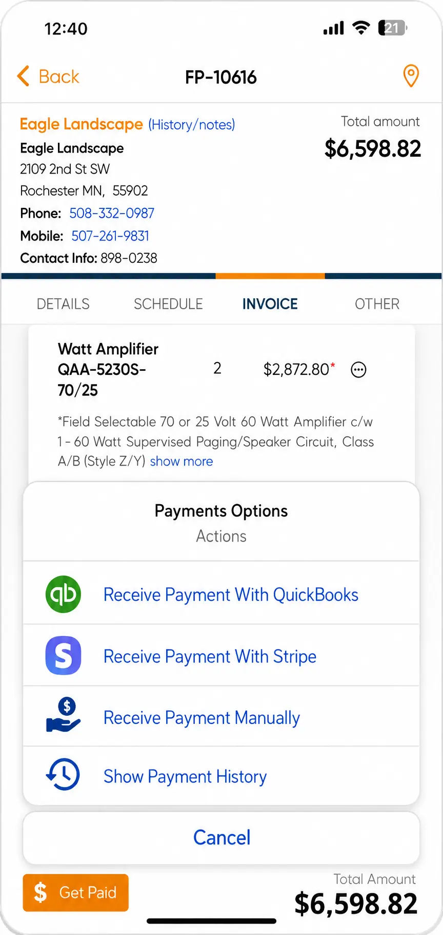 Field Promax mobile invoicing sending an invoice and collecting payment from the truck