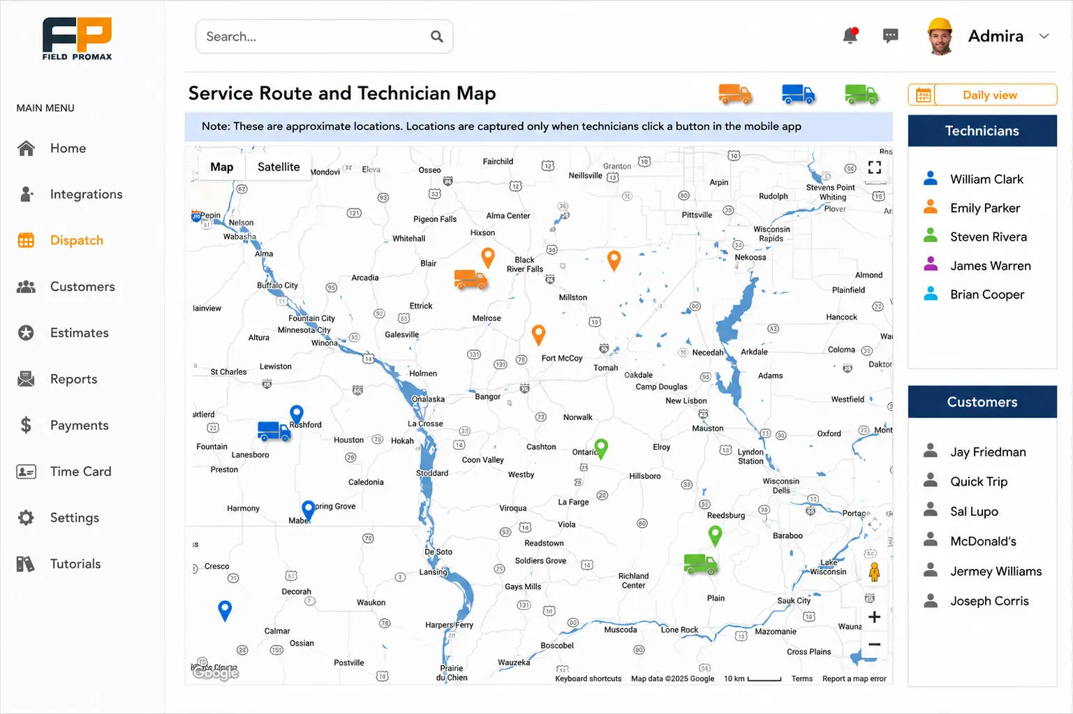 GPS schedule and live tech location view