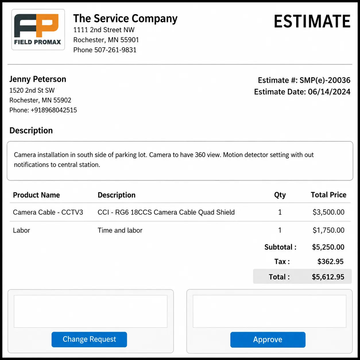 Field Promax estimate detail with service line items, materials, and pricing assembled into a proposal a customer can review on their phone.