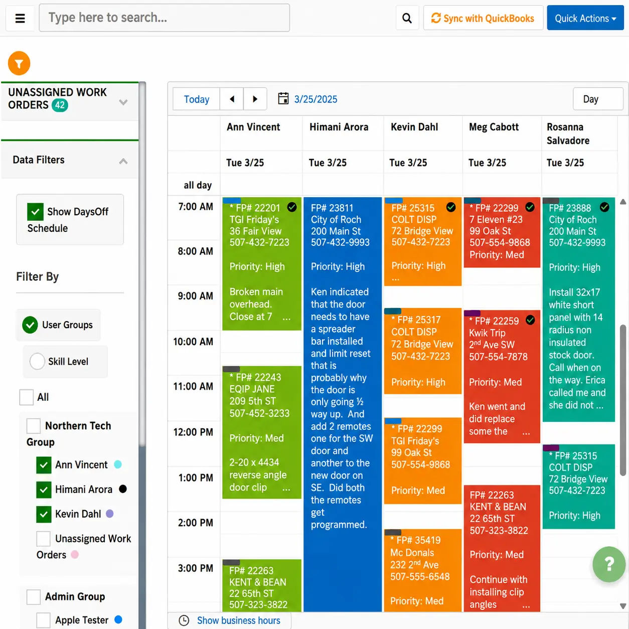 Field Promax weekly scheduling view showing jobs distributed across upcoming days for an 8-tech HVAC shop