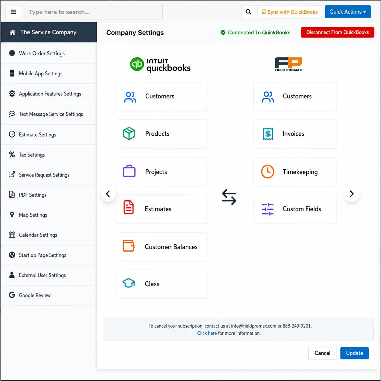 Field Promax integration hub showing QuickBooks sync alongside payment processors and field-service tools.