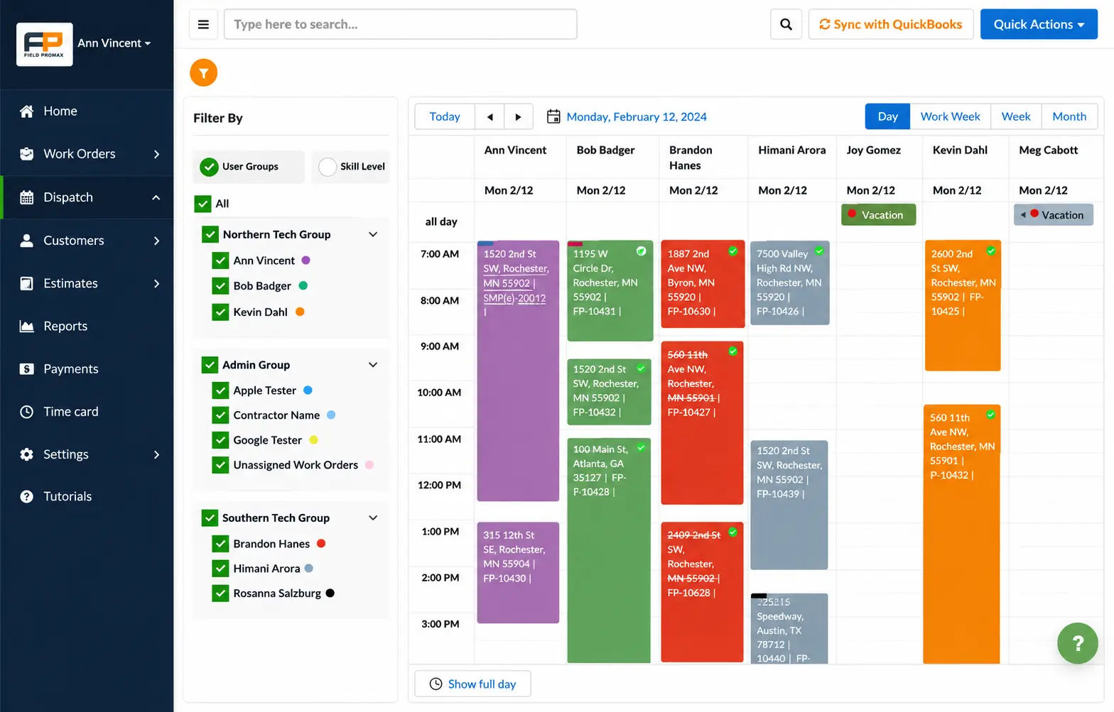 Field Promax dispatch by date showing assigned jobs across the week