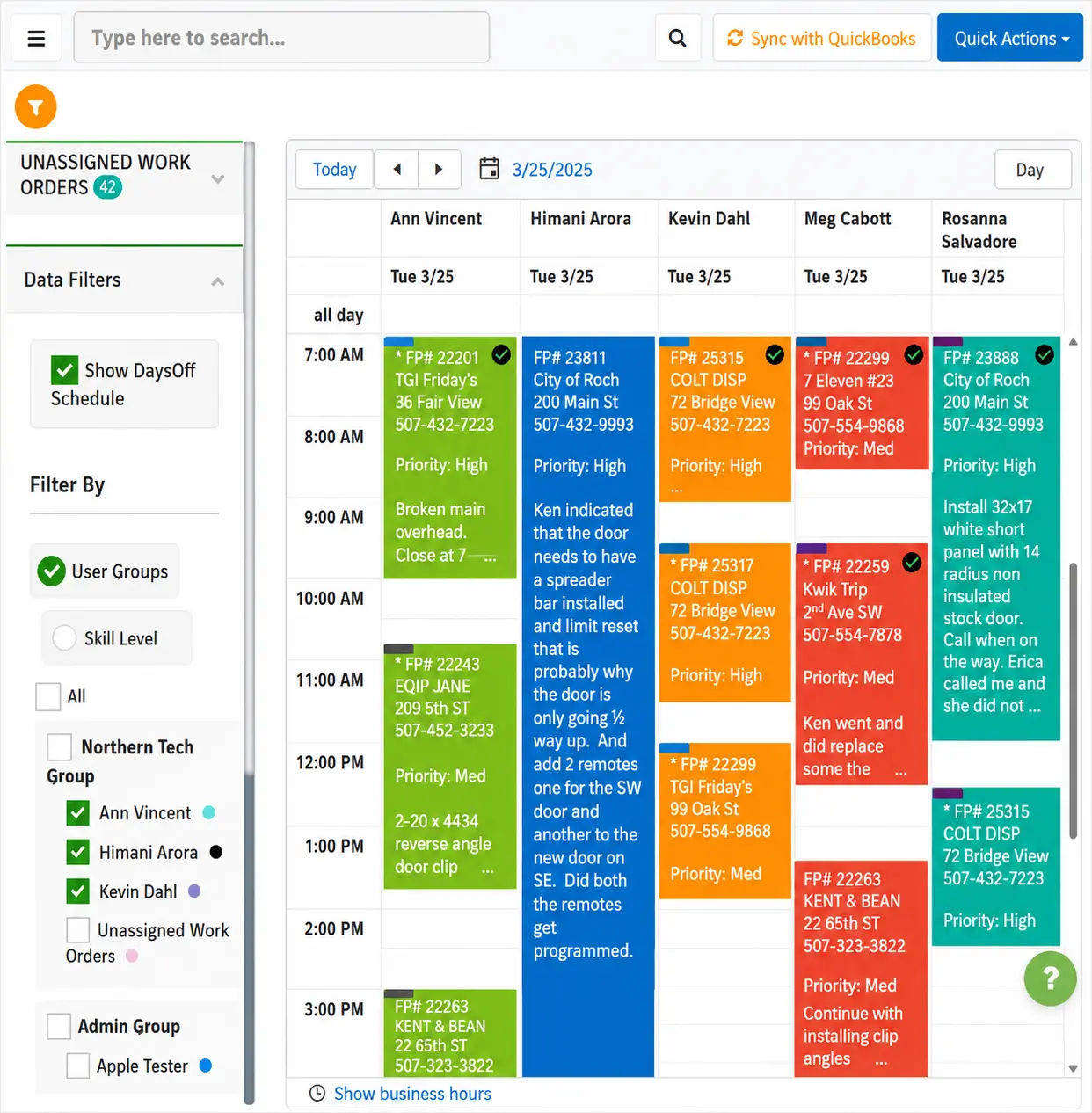 Field Promax weekly scheduling view distributing jobs across upcoming days with certification-aware tech assignment