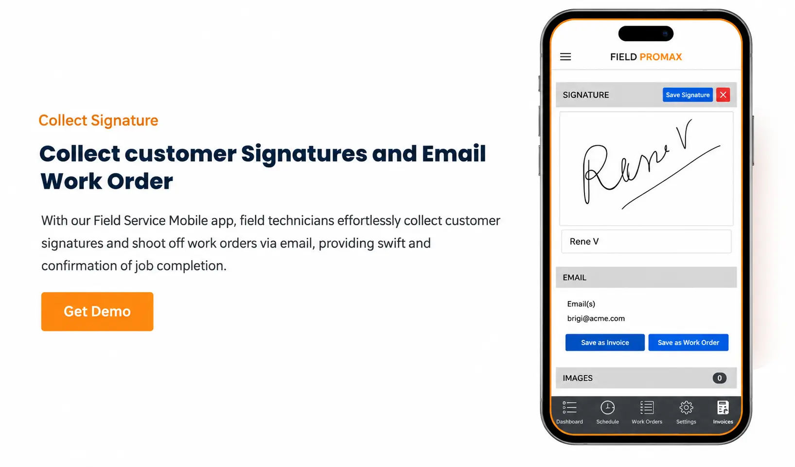 Field technician capturing customer signature on a mobile device with app-level authentication and encrypted data transfer