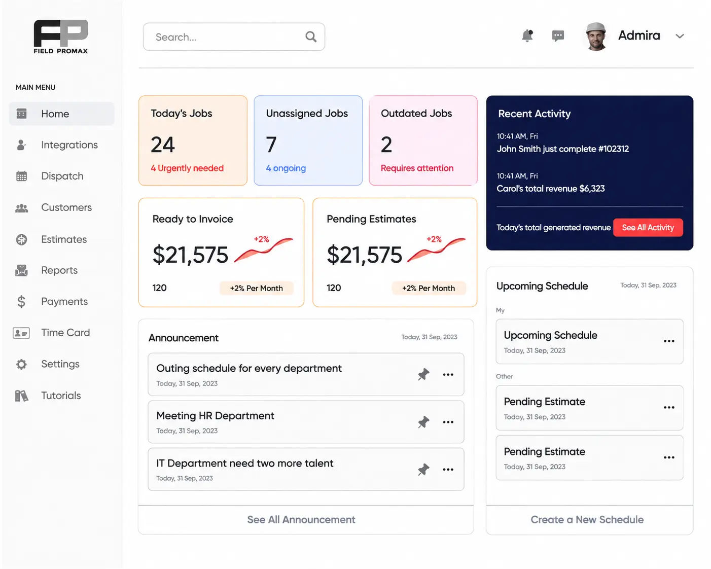 Field Promax reports dashboard showing revenue, jobs completed, average ticket, and technician utilization rolled into a month-at-a-glance audit-ready view