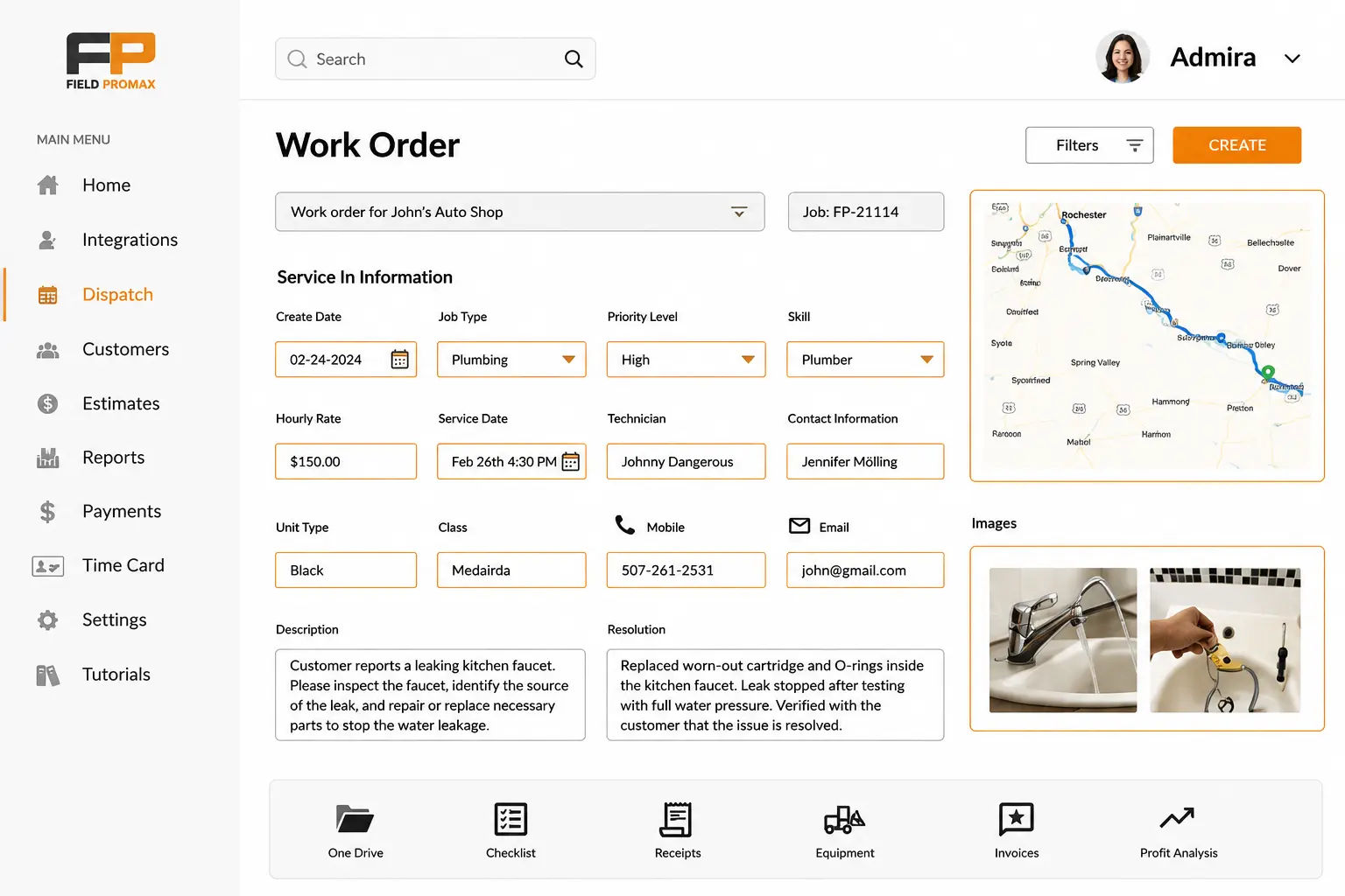 Field Promax work order detail view with customer, scope, line items, and status