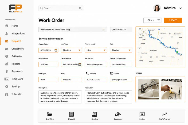 Field Promax work order detail view with customer, scope, line items, and status