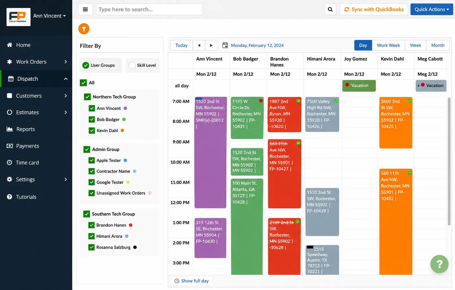 Field Promax dispatch by date view showing assigned jobs across the week