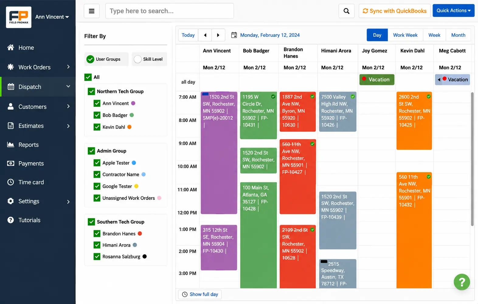 Field Promax dispatch board multi-day view showing assigned HVAC jobs across the week