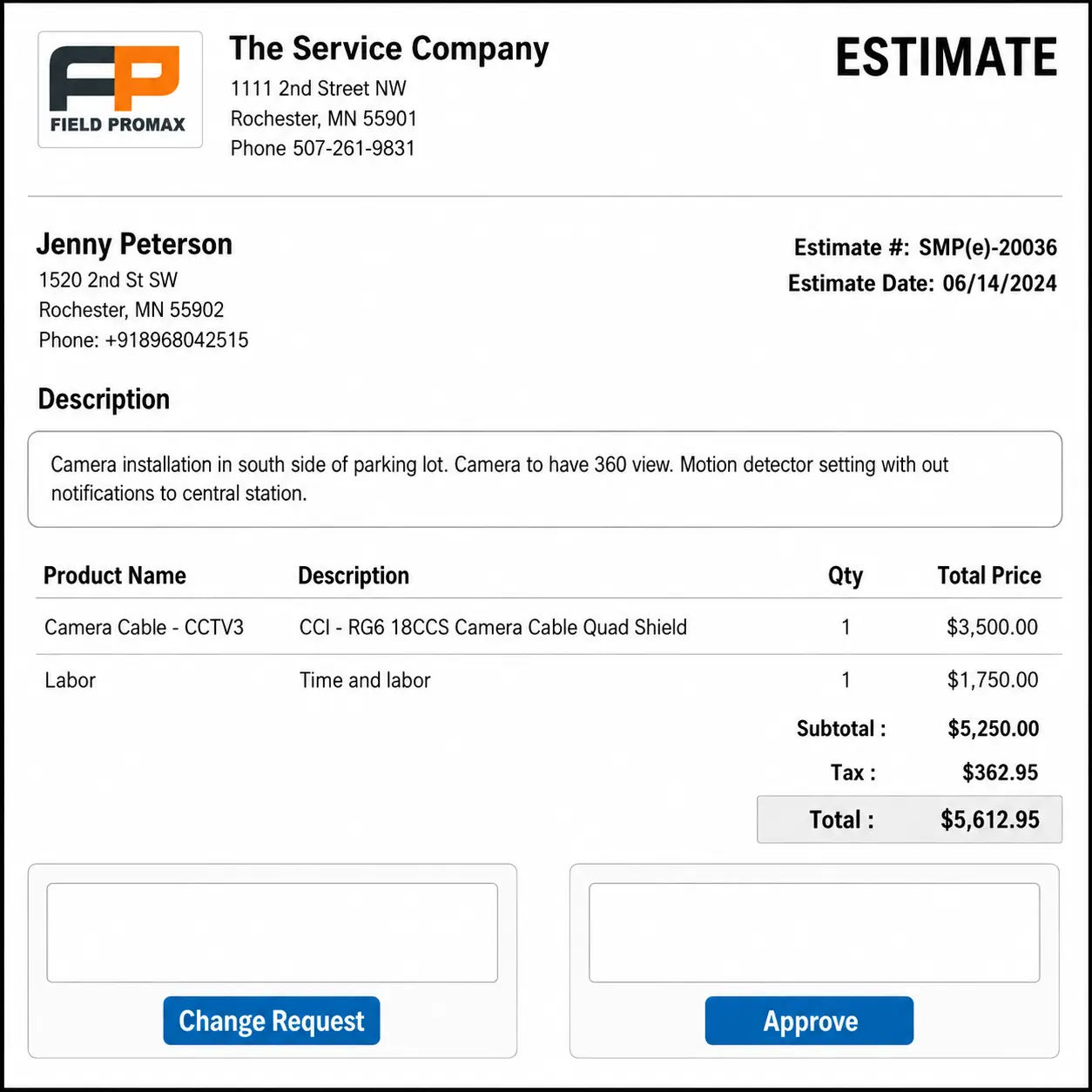 Field Promax estimate generation screen used to convert HVAC leads into booked jobs