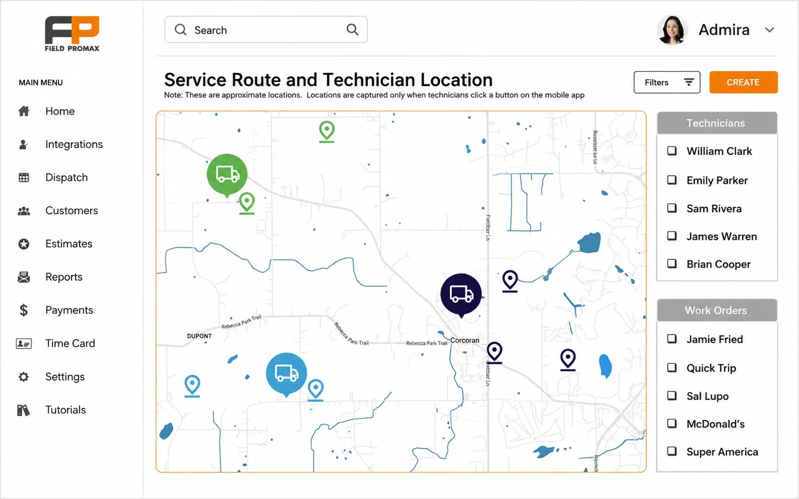 Field Promax GPS route playback showing arrival and departure timestamps per job site for a service truck
