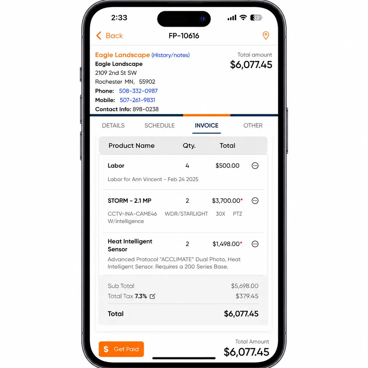 Field Promax invoicing dashboard showing outstanding and paid balances