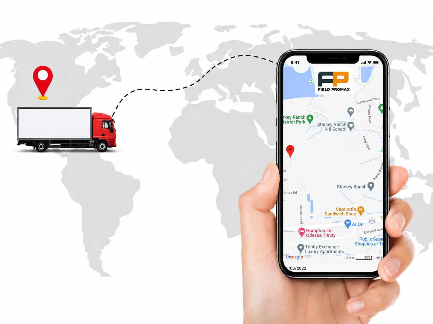 Map view of field technician locations tracked by GPS