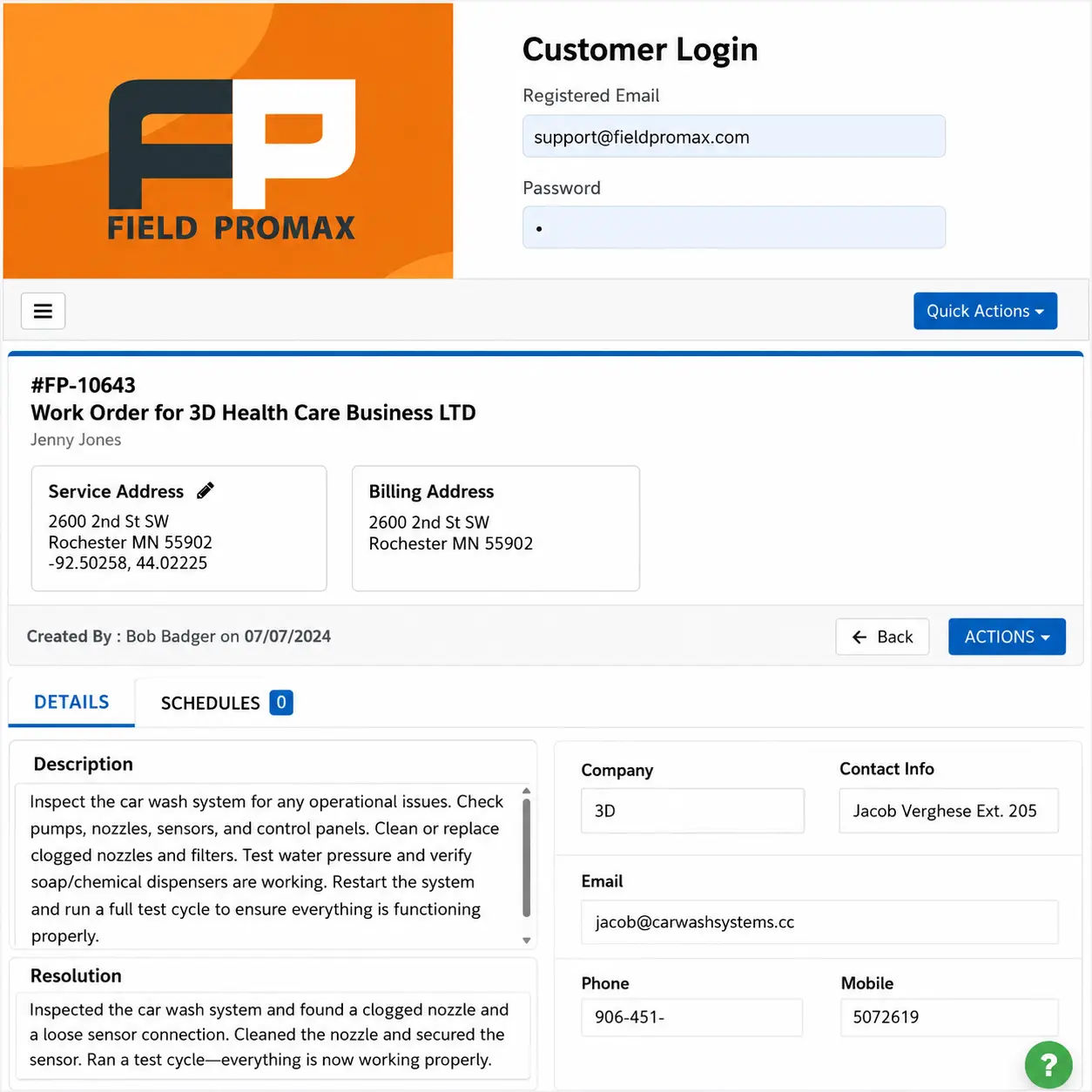 Field Promax customer management view showing service history and contact details