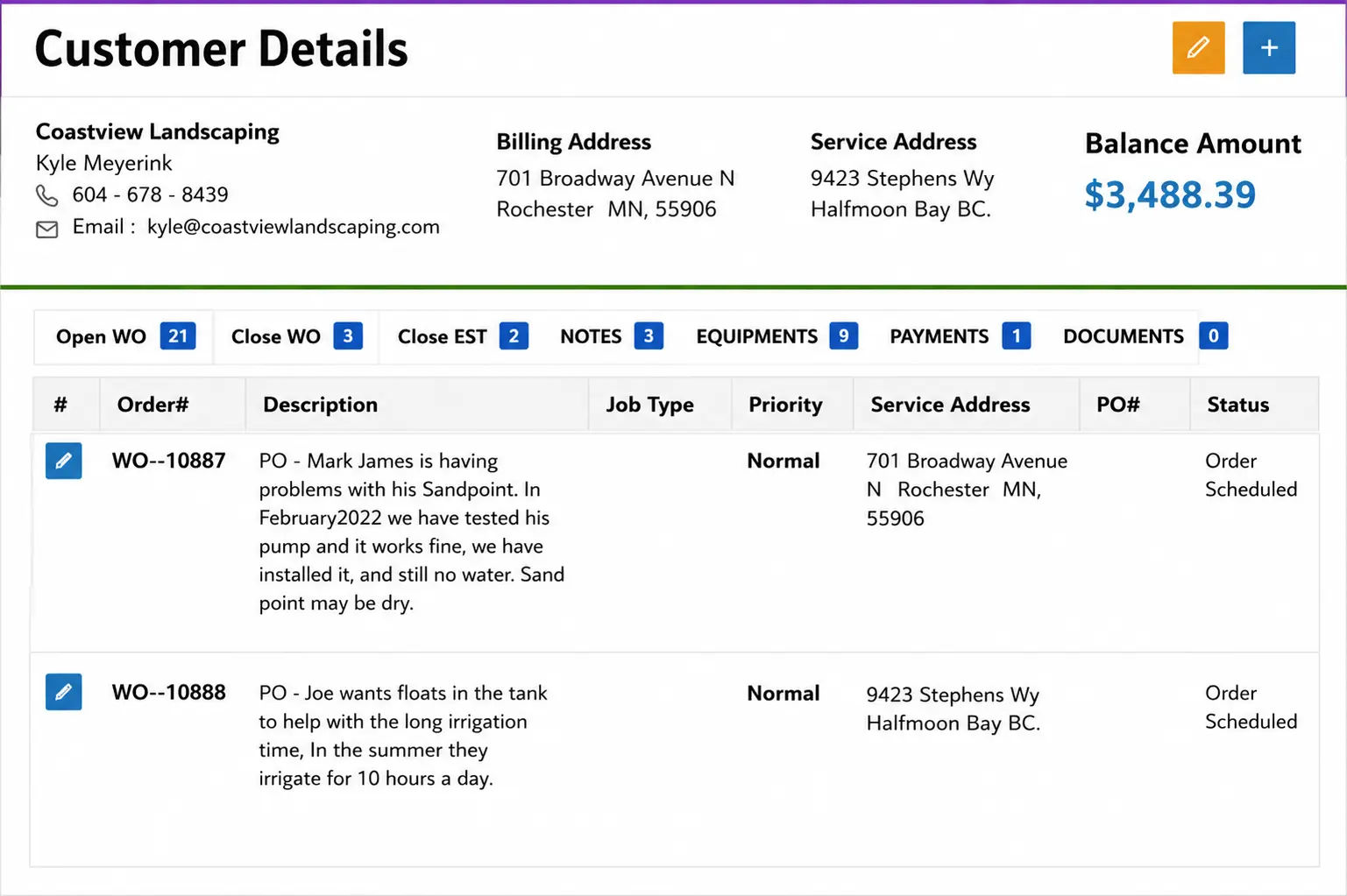 Field Promax customer details screen with organized service history
