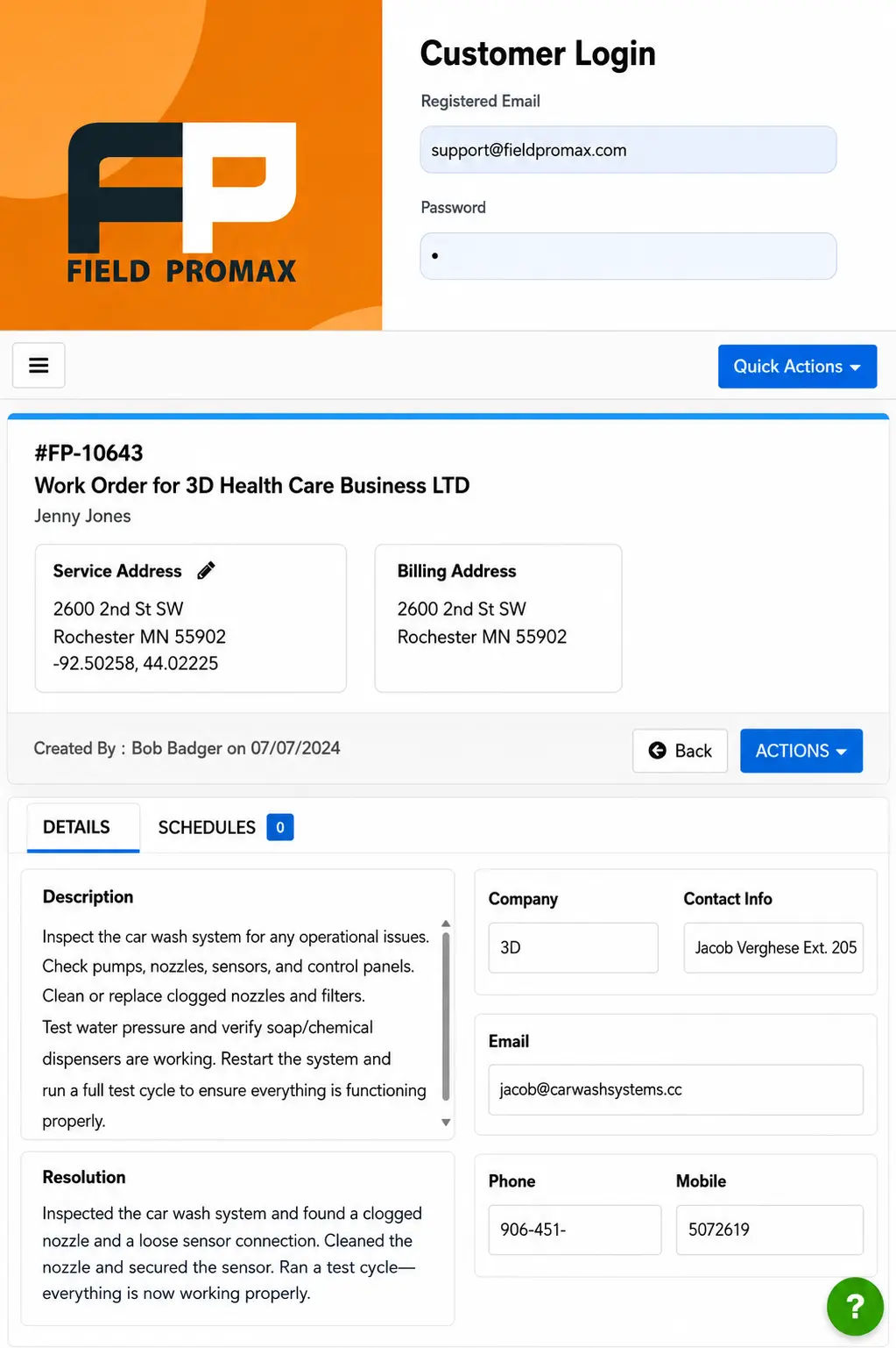 Field Promax customer management screen showing service history and contact details for plumbing segmentation