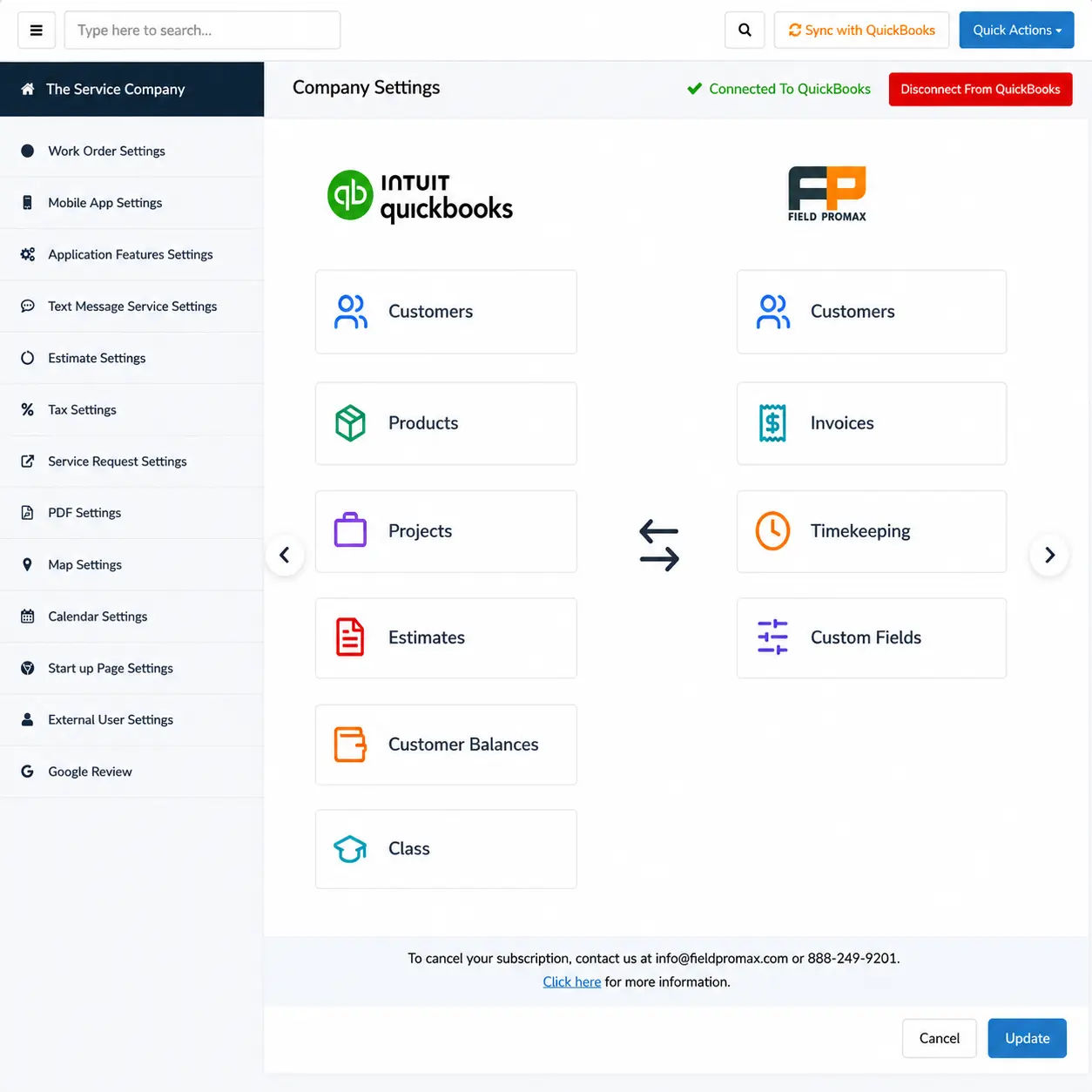 Field Promax integrations hub connecting QuickBooks, payment processors, and field-service tools