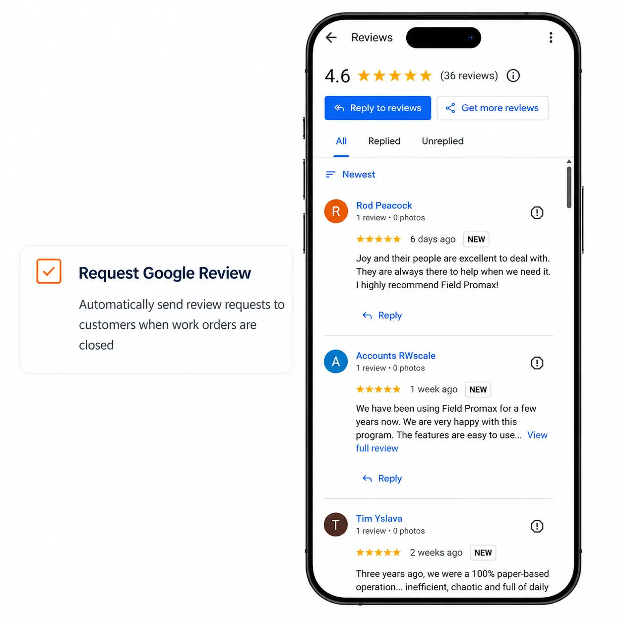 Field Promax automated Google review request interface
