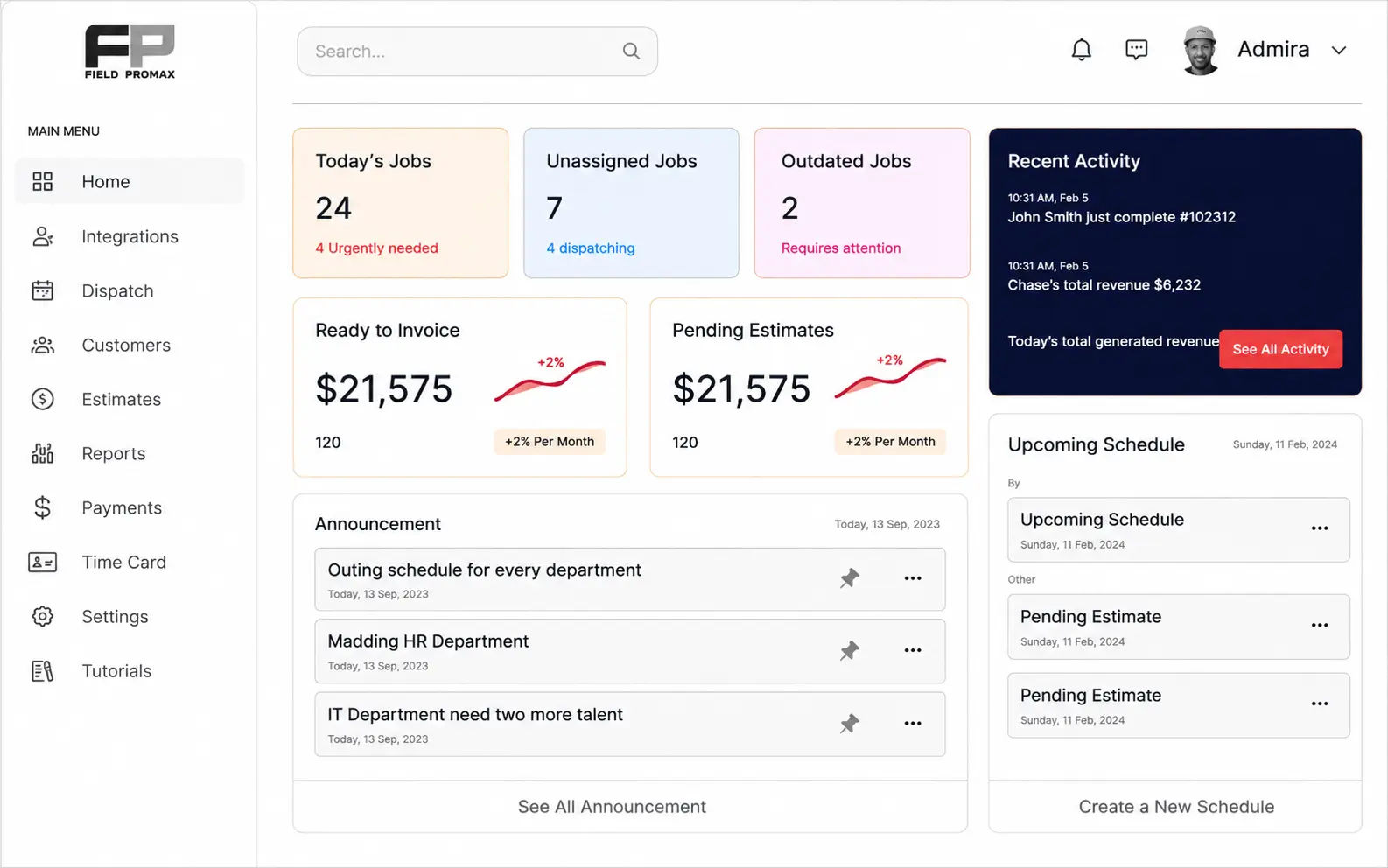 Field Promax reports dashboard showing revenue, jobs completed, and average ticket by month