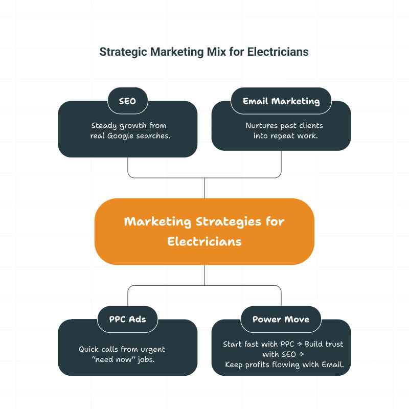 Comparison of SEO, PPC, and email marketing channels for electricians