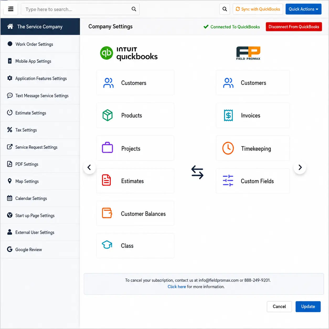 Field Promax integrations hub showing QuickBooks and other connected field service tools