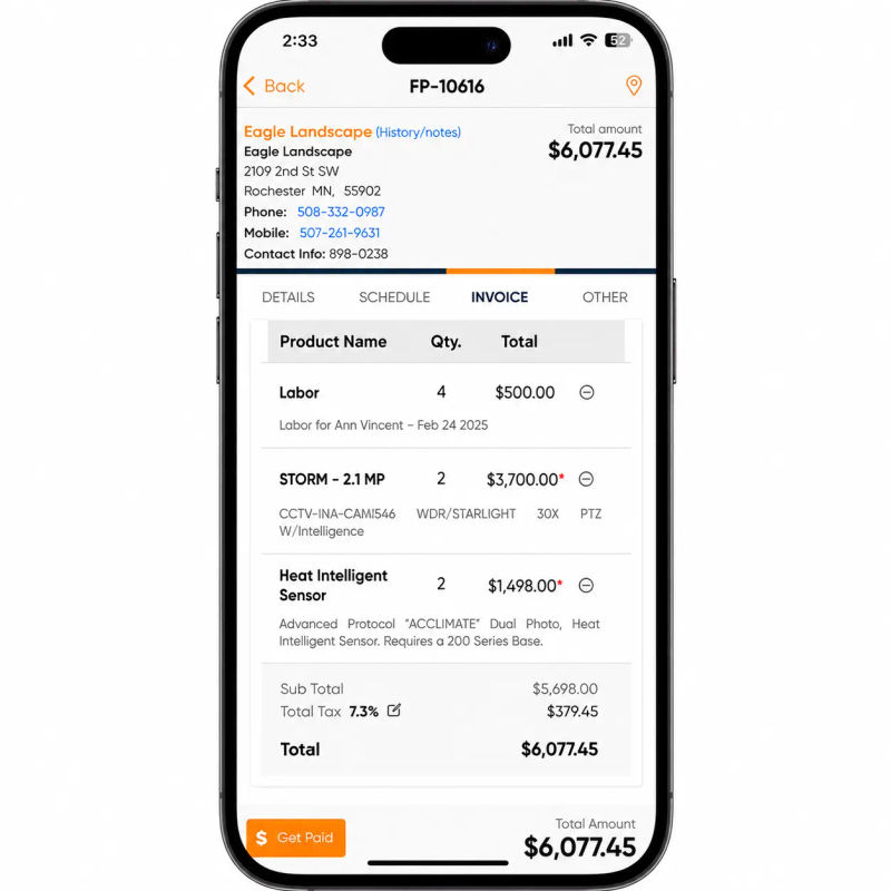 Field Promax invoicing dashboard showing outstanding balances and paid status by customer