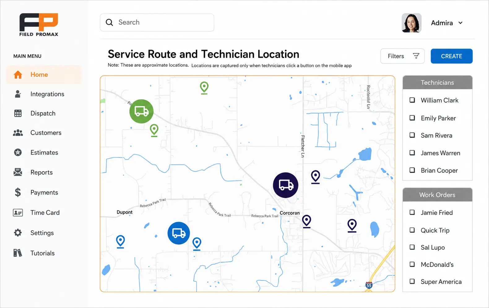 Field Promax GPS route playback for a service truck showing arrival and departure timestamps at each job site