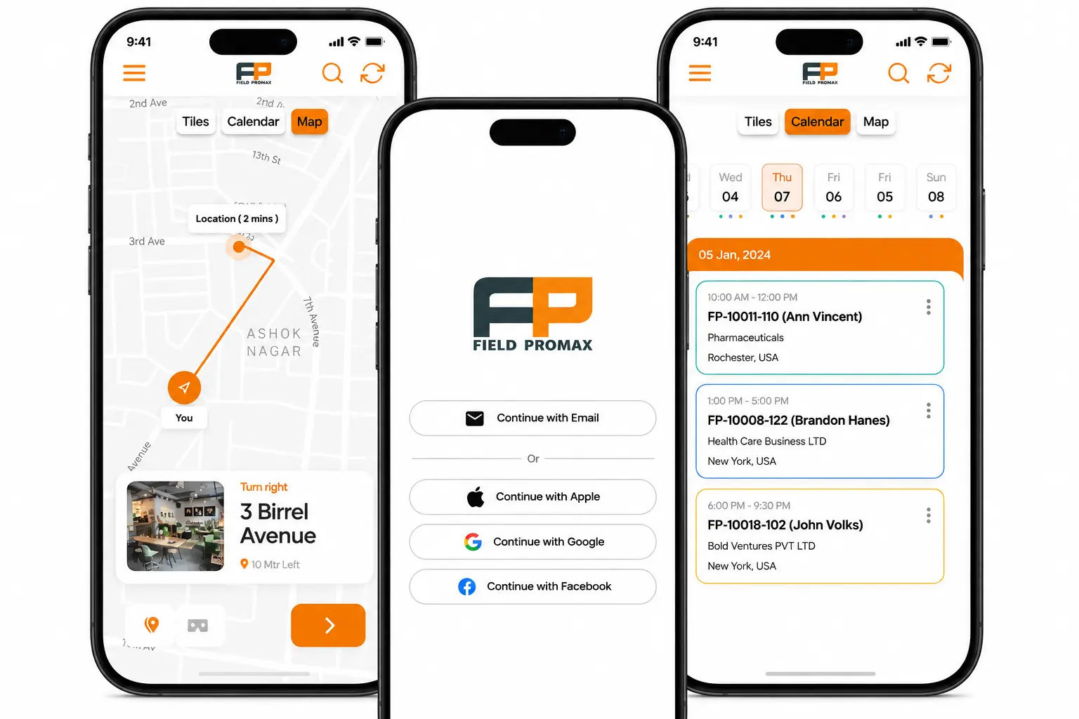 Field Promax mobile app showing today's job list, status updates, and signature capture for a field technician