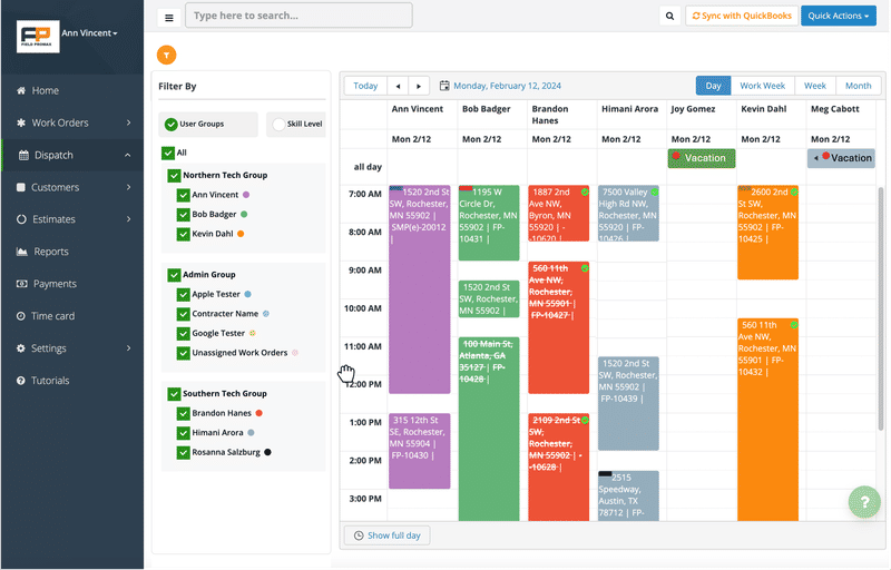 Field Promax dispatch board showing assigned jobs across multiple days