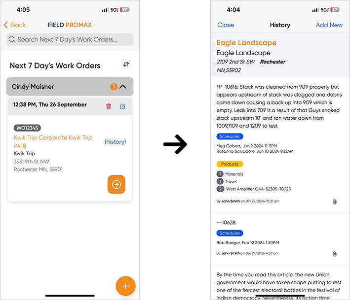 Show customer history in mobile app
