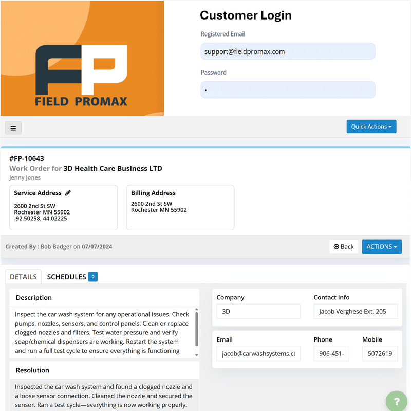 Field Promax customer management screen with full service history and contact details