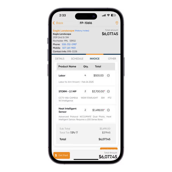 Field Promax mobile app invoicing screen showing line items, totals, and send-and-collect-payment options from the field.