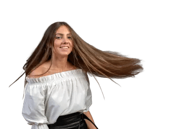 Model wearing long Russian Genius Weft hair extensions