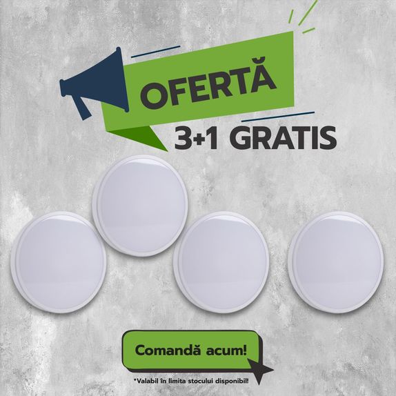 Plafoniera baie/exterior IP65 alba, Fi300, 24W=200W, 6500K, lumina rece, 3+1GRATIS