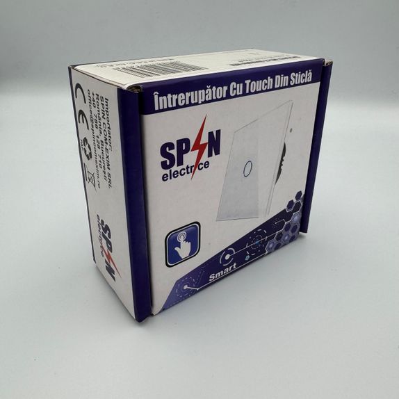 Intrerupator touch simplu WI-FI, cu panou de sticla, alb