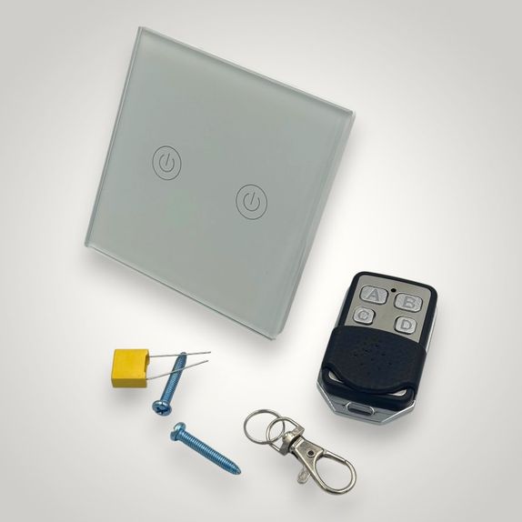 Intrerupator touch dublu + telecomanda RF, cu panou de sticla, alb