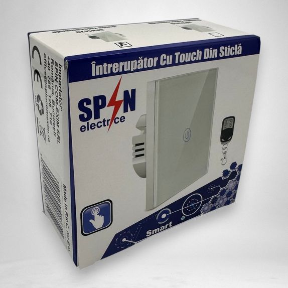 Intrerupator touch simplu + telecomanda RF, cu panou de sticla, alb